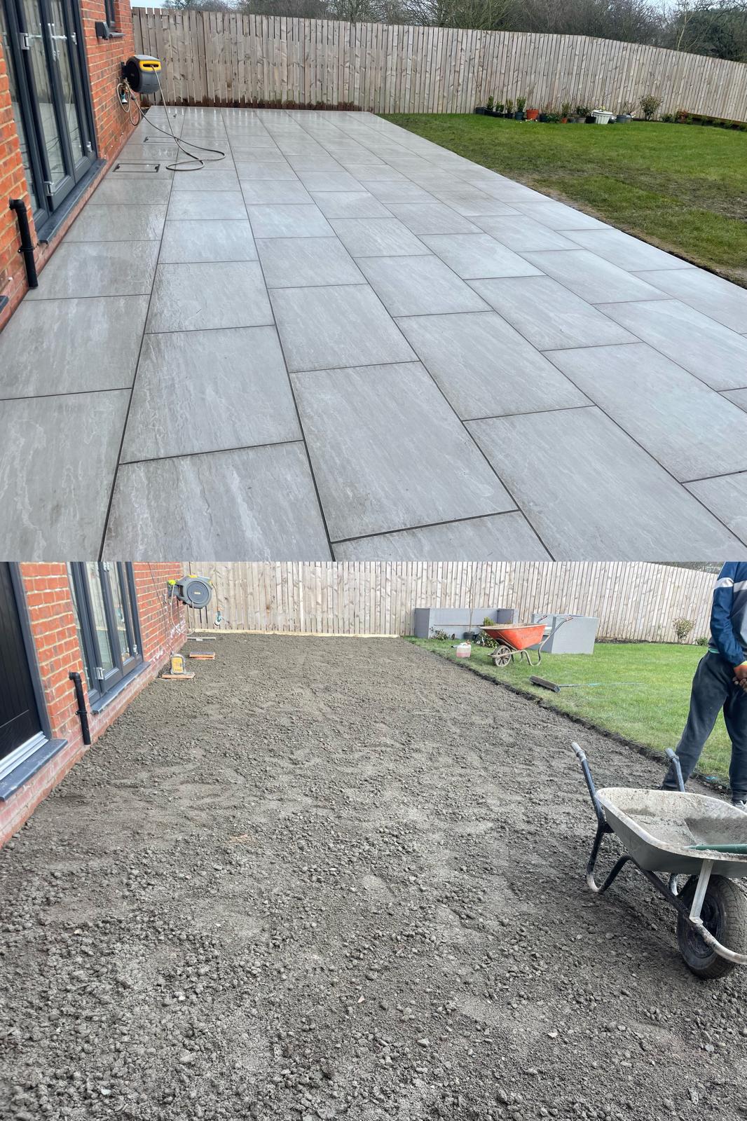Before and after of a porcelain terrace, showing the compacted sub-base below and the finished paving above — The Vale Company