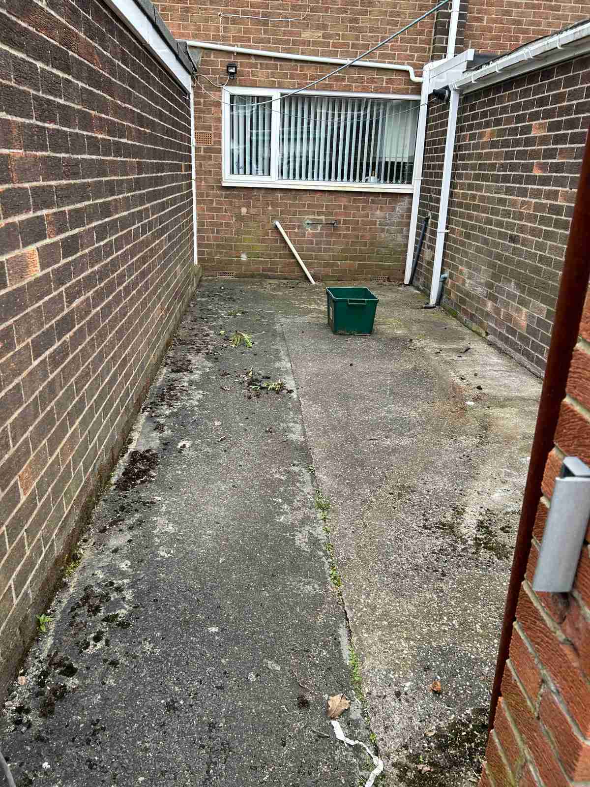 Before: cracked and mossy concrete in a narrow side yard between brick walls — The Vale Company